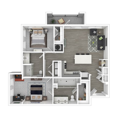 A 3D floor plan of a small apartment with a kitchen, living room, and bedroom.